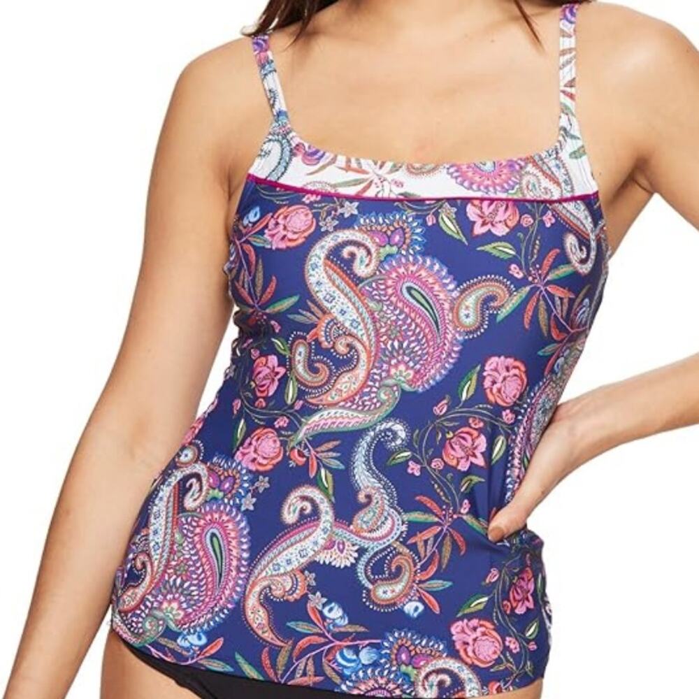 La Blanca Scarf Gypsy Tankni Bikini Top Adjustable Straps Paisley Purple Blue 8
